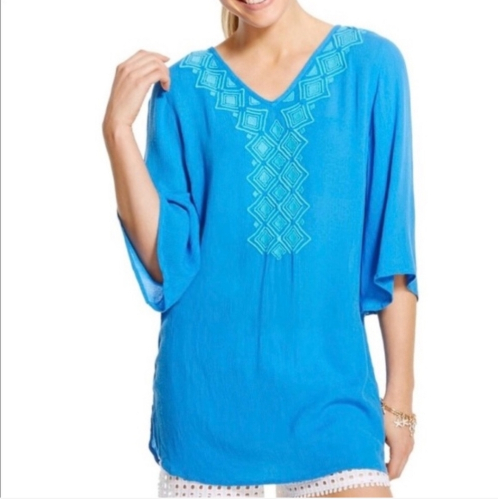 Lilly Pulitzer Womens Blue Bell Gauze Embellished Tunic Top Cover-Up Size S